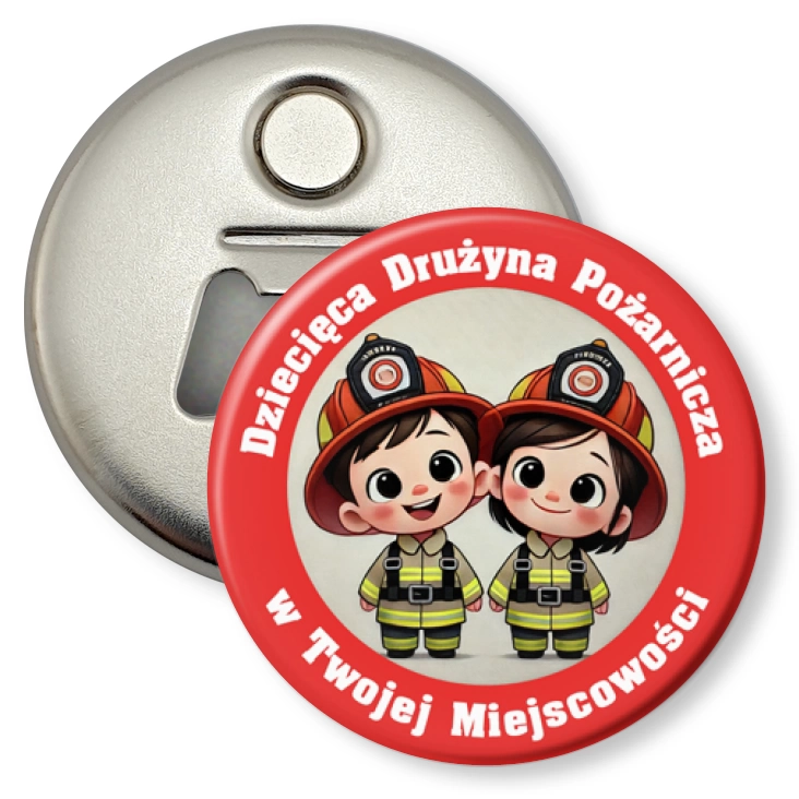 przypinka otwieracz-magnes Dziecięca Drużyna Pożarnicza dziewczynka i chłopiec