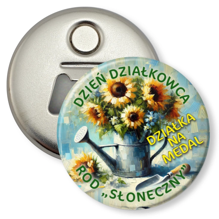 przypinka otwieracz-magnes Dzień Działkowca ROD Słoneczny