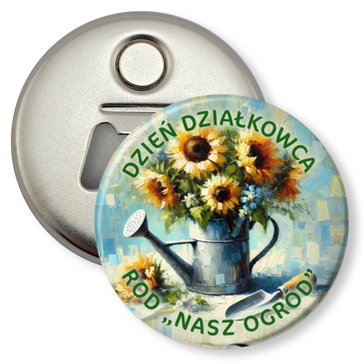 przypinka otwieracz-magnes Dzień działkowca słoneczniki