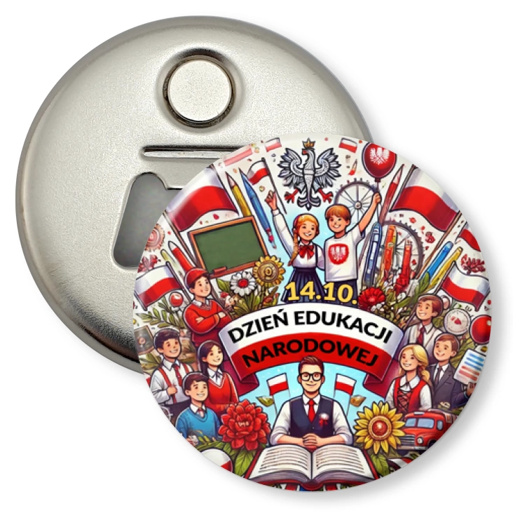 przypinka otwieracz-magnes Dzień Edukacji Narodowej w biało-czerwonych barwach