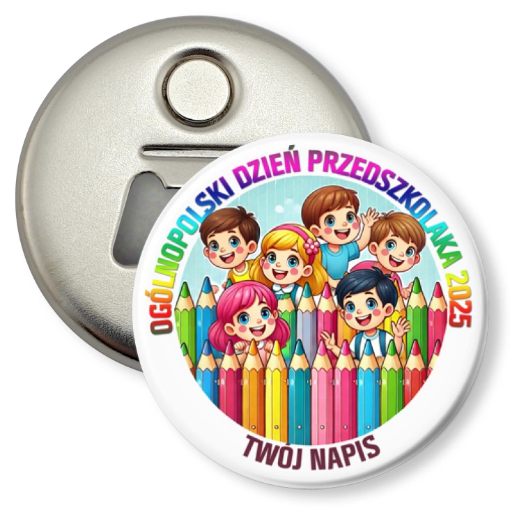 przypinka otwieracz-magnes Dzień Przedszkolaka płotek z kredek