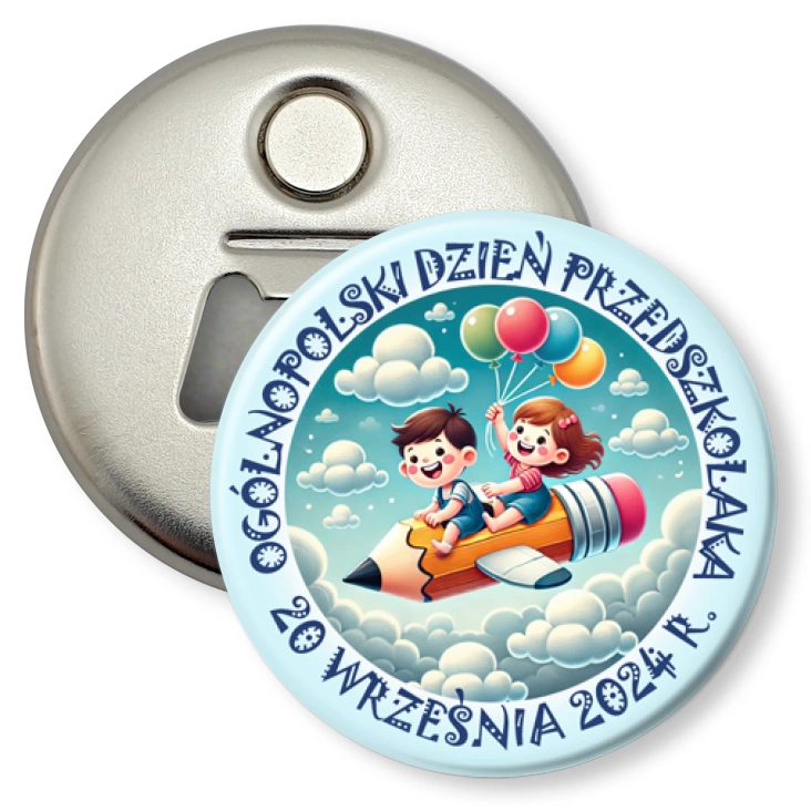 przypinka otwieracz-magnes Dzień Przedszkolaka samolot-kredka