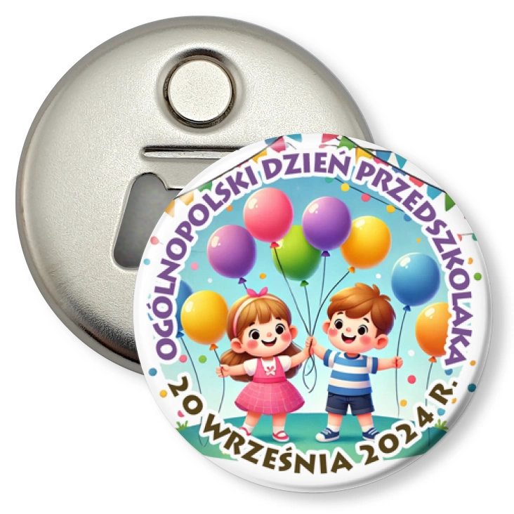 przypinka otwieracz-magnes Dzień Przedszkolaka z balonikami