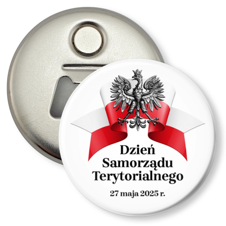 przypinka otwieracz-magnes Dzień Samorządu Terytorialnego na białym tle