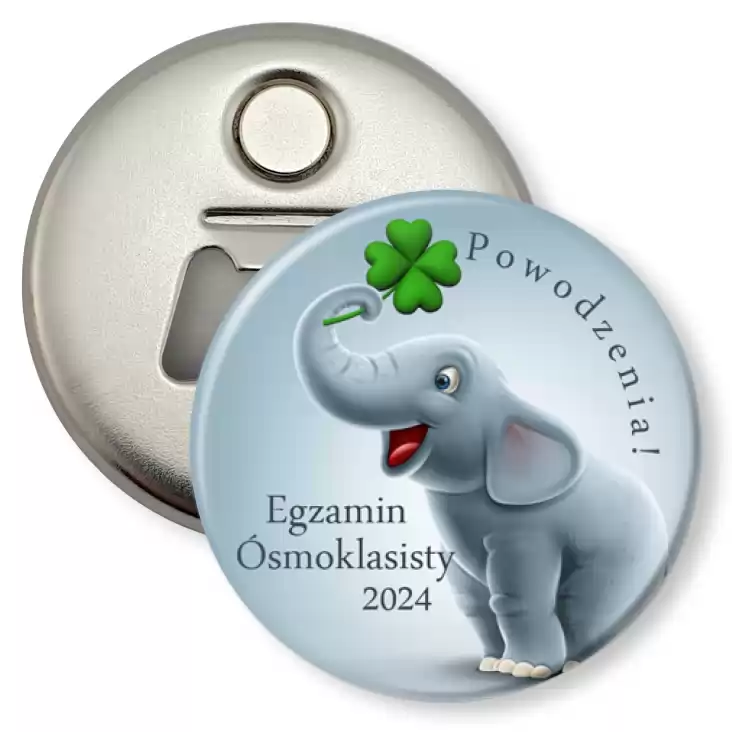 przypinka otwieracz-magnes Egzamin Ósmoklasisty słoń z koniczynką