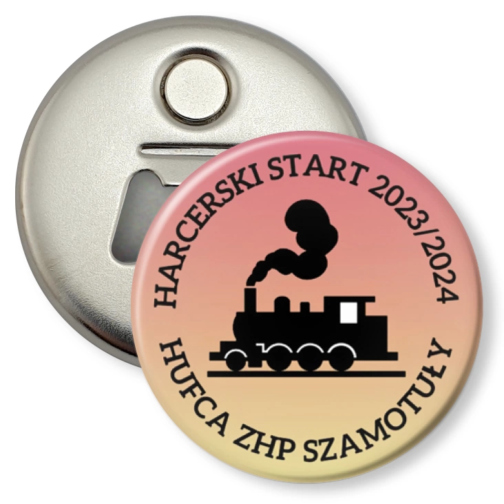 przypinka otwieracz-magnes Harcerski Start Hufca Szamotuły