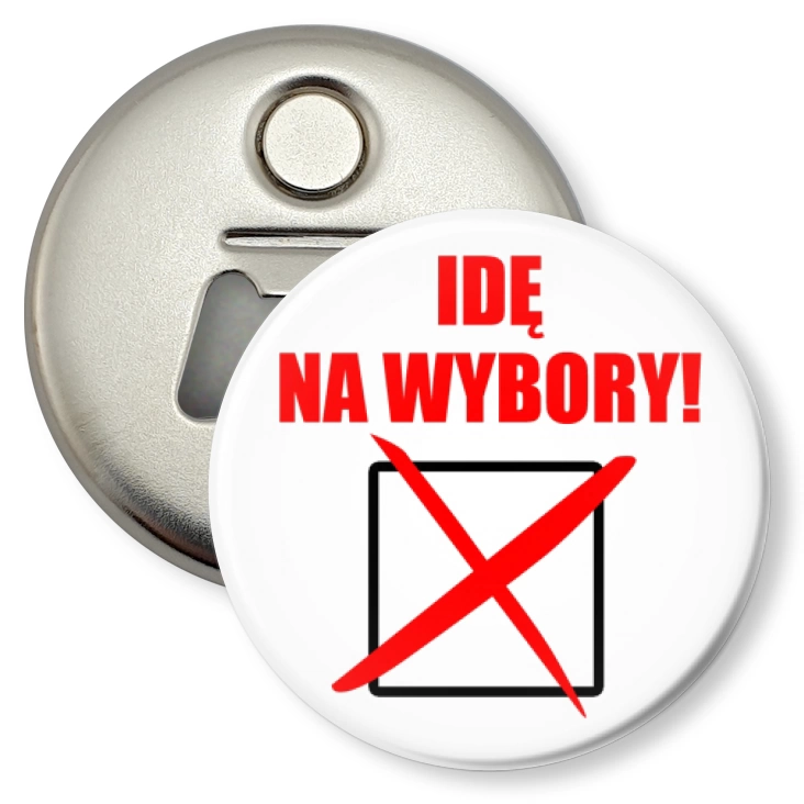 przypinka otwieracz-magnes Idę na wybory rubryka