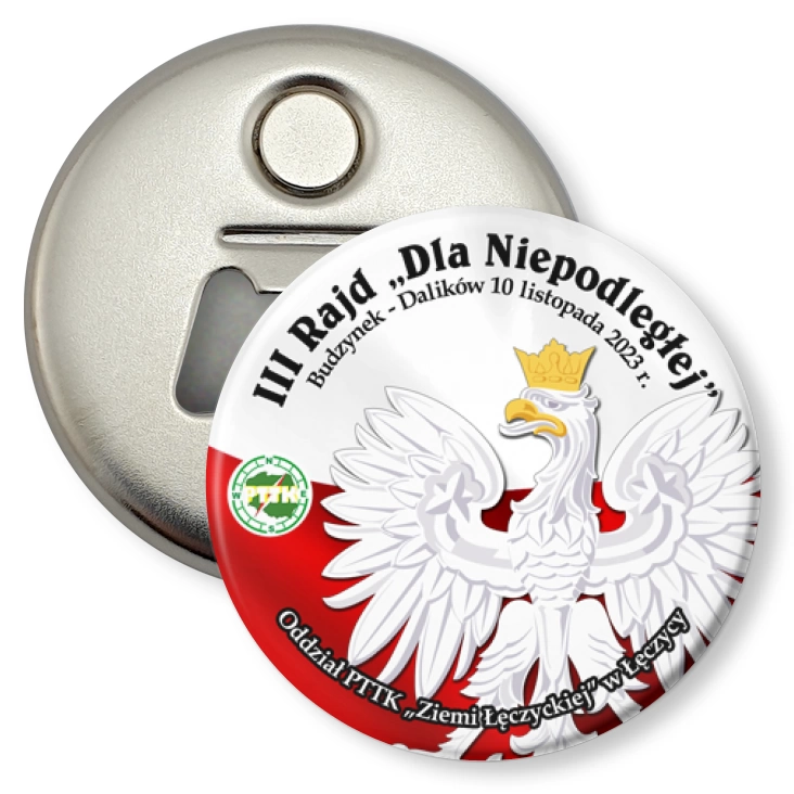 przypinka otwieracz-magnes III Rajd dla Niepodległej PTTK Łęczyca
