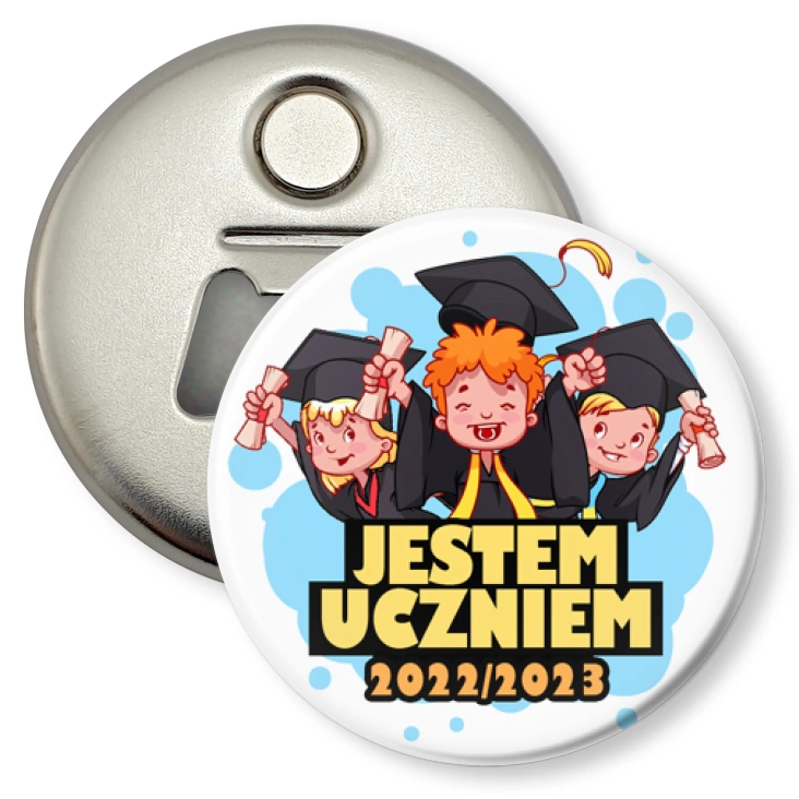 przypinka otwieracz-magnes Jestem Uczniem trójka z biretami