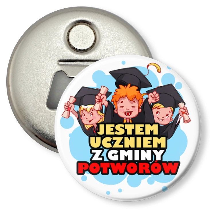 przypinka otwieracz-magnes Jestem uczniem z gminy Potworów