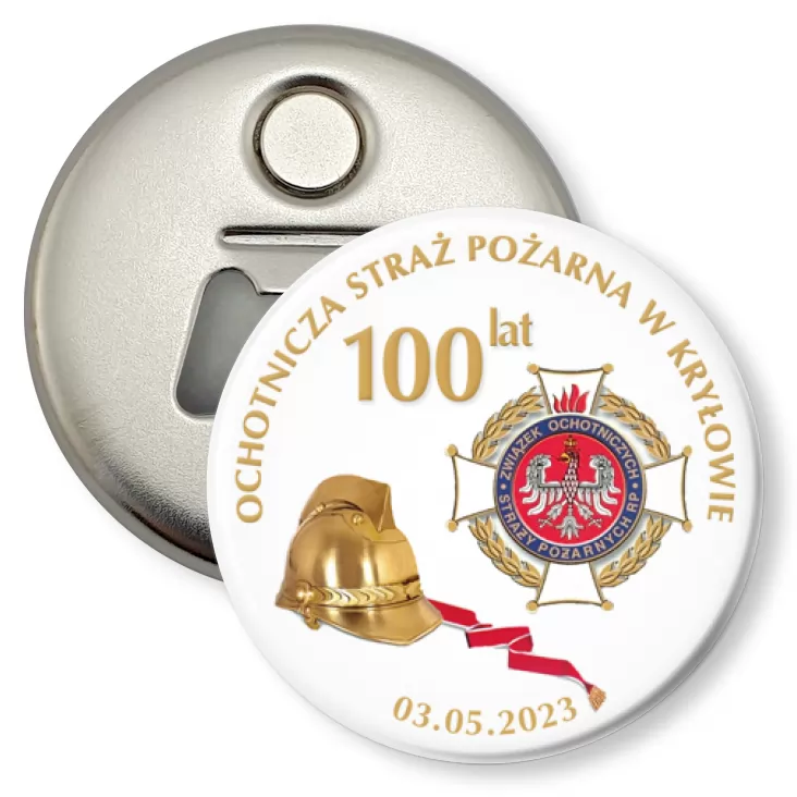przypinka otwieracz-magnes Jubileusz 100 lat OSP w Kryłowie