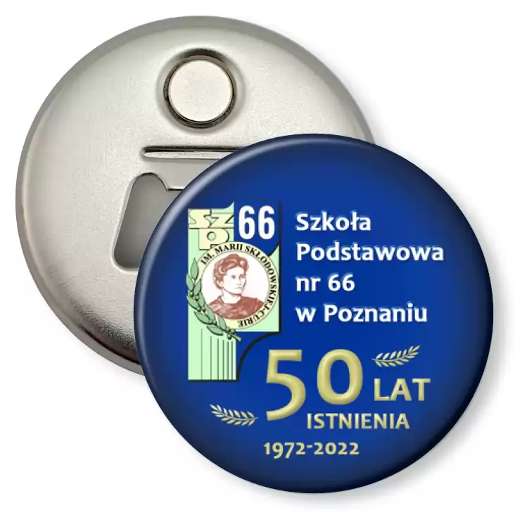 przypinka otwieracz-magnes Jubileusz 50-lecia istnienia SP 66 w Poznaniu