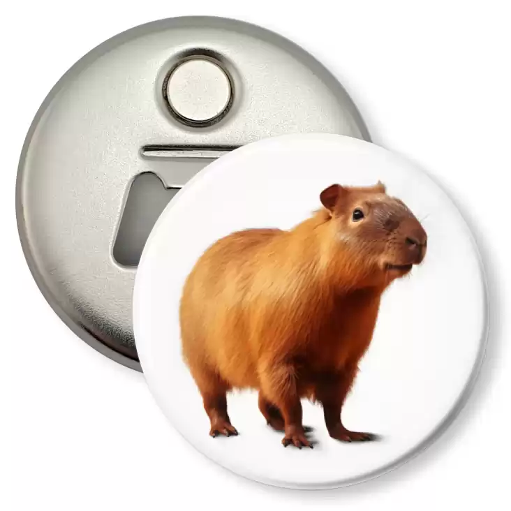 przypinka otwieracz-magnes Kapibara na białym tle