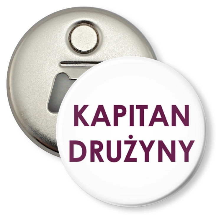 przypinka otwieracz-magnes Kapitan drużyny fioletowy napis