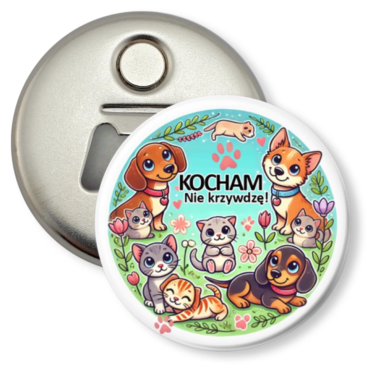 przypinka otwieracz-magnes Kocham. Nie krzywdzę