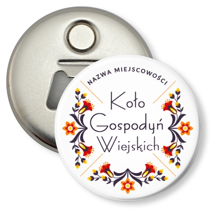 przypinka otwieracz-magnes Koło Gospodyń Wiejskich kwiaty żółto-czerwone