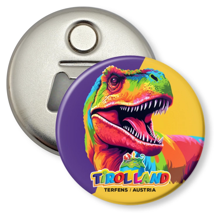 przypinka otwieracz-magnes Kolorowy tyranozaur Tirolland