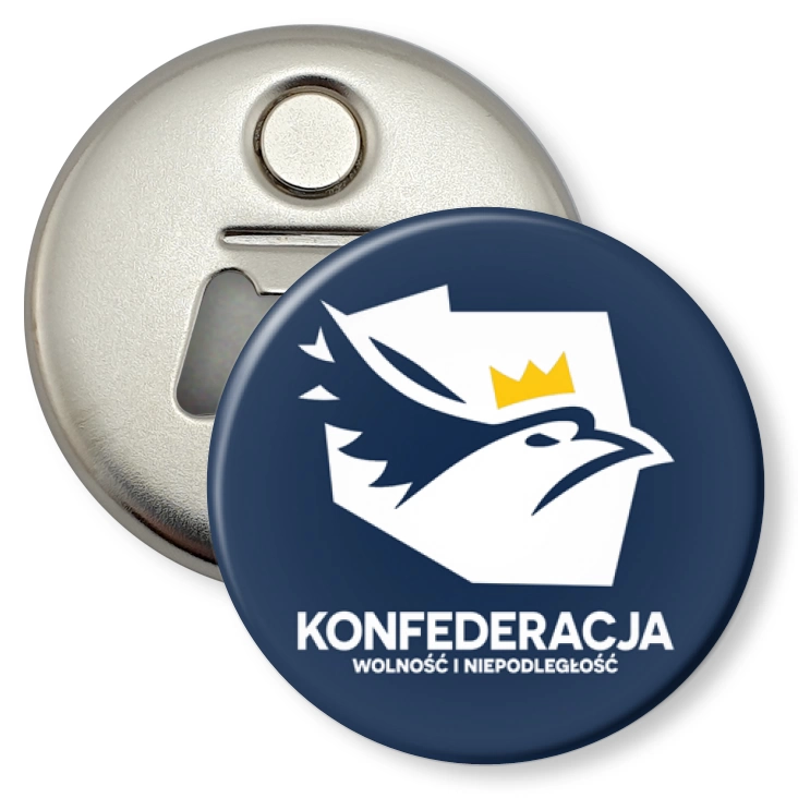 przypinka otwieracz-magnes Konfederacja logo w inwersji