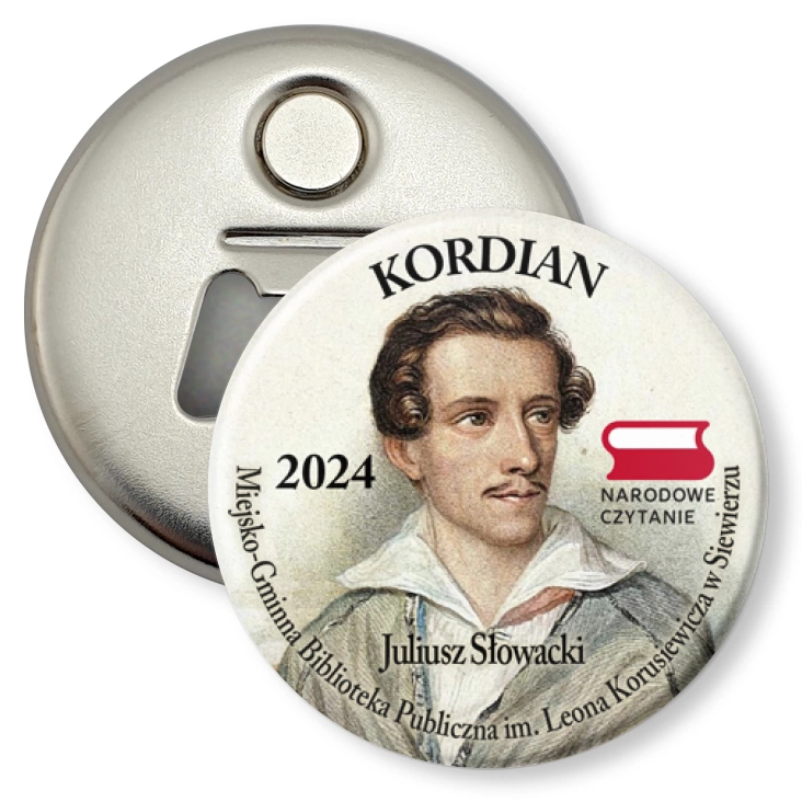 przypinka otwieracz-magnes Kordian 2024 Narodowe Czytanie Biblioteka w Siewierzu