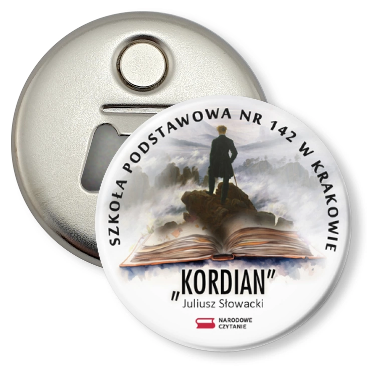 przypinka otwieracz-magnes Kordian 2024 Narodowe Czytanie SP 142 w Krakowie