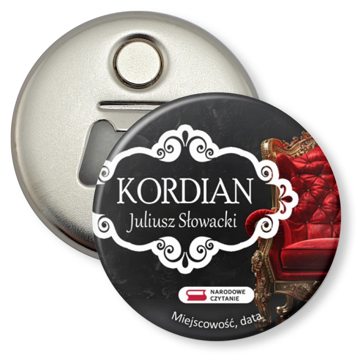 przypinka otwieracz-magnes Kordian Narodowe Czytanie pusty tron cara