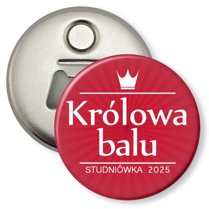 przypinka otwieracz-magnes Królowa Balu z białą koroną czerwona