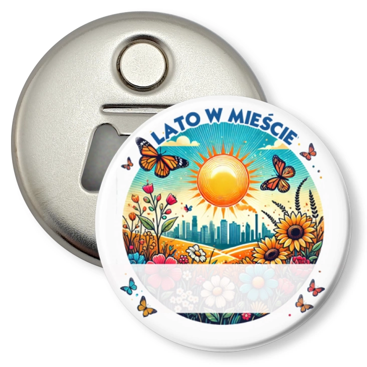 przypinka otwieracz-magnes Lato w mieście. Miejscie na napis