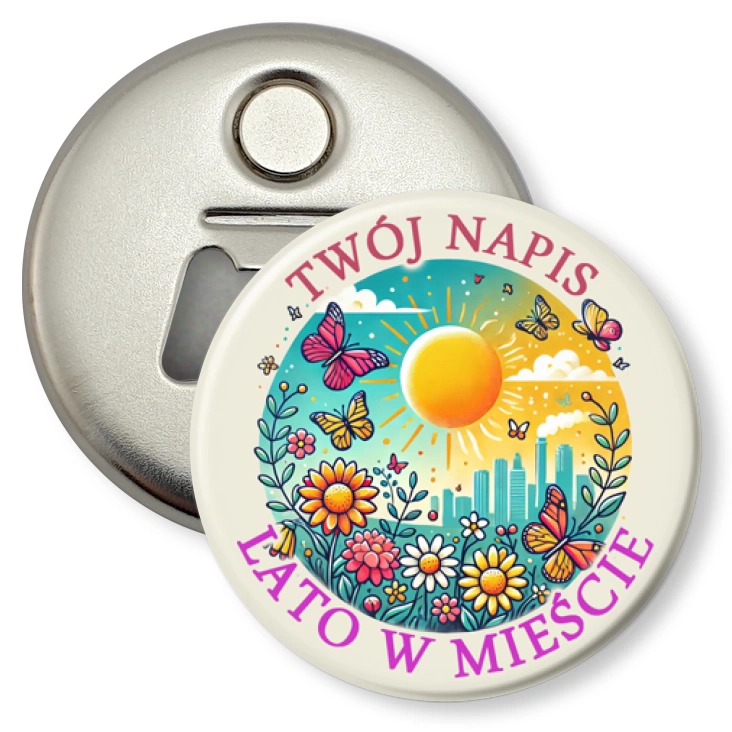 przypinka otwieracz-magnes Lato w mieście. Twój napis
