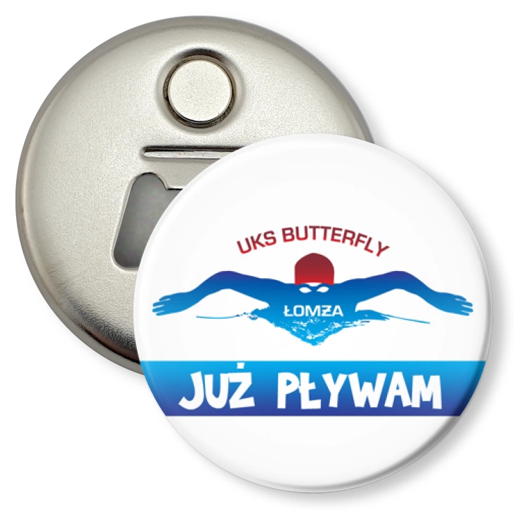 przypinka otwieracz-magnes Już pływam UKS Butterfly