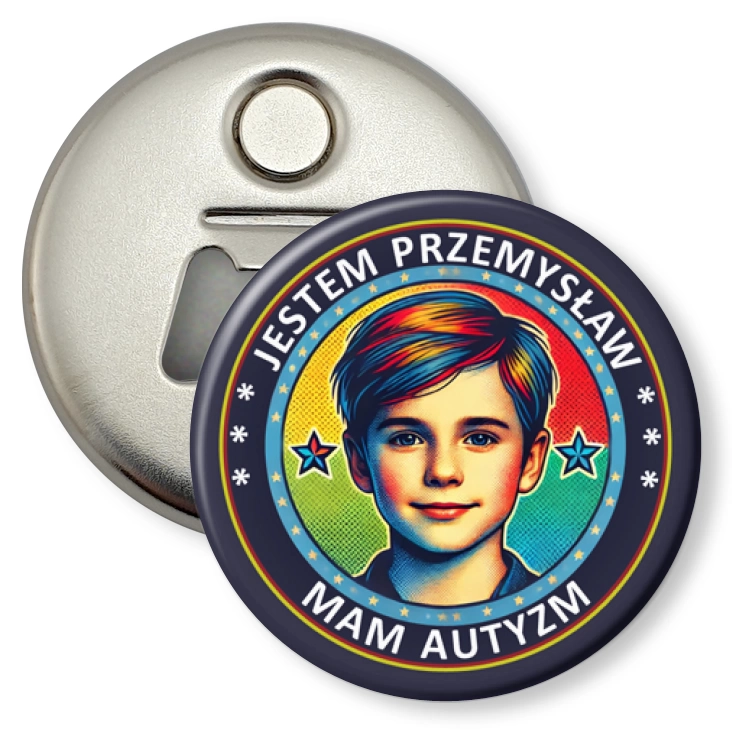 przypinka otwieracz-magnes Mam autyzm chłopiec z imieniem