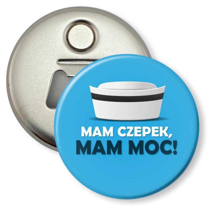 przypinka otwieracz-magnes Mam czepek mam moc