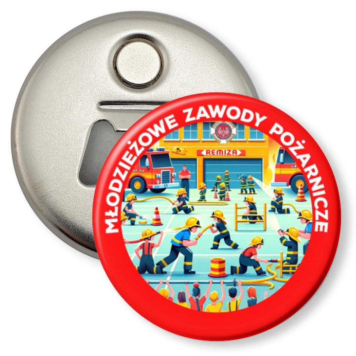przypinka otwieracz-magnes Młodzieżowe Zawody Pożarnicze