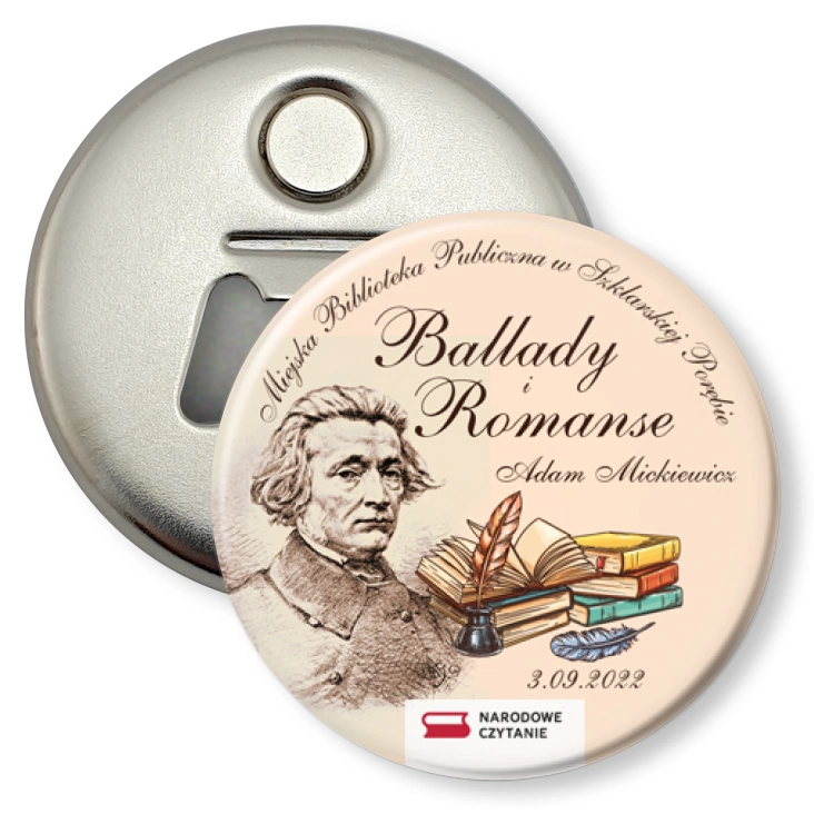 przypinka otwieracz-magnes Narodowe Czytanie Biblioteka Szklarska Poręba