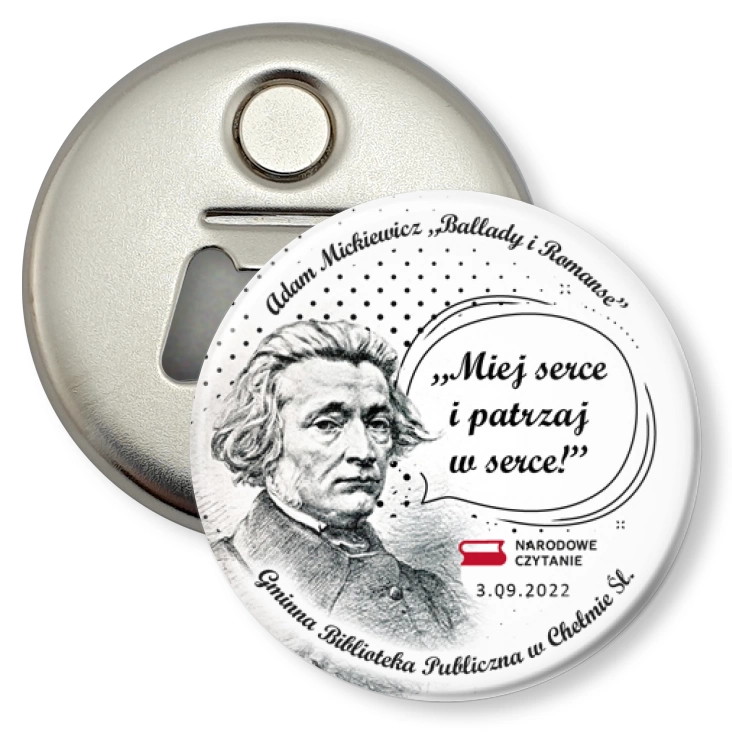 przypinka otwieracz-magnes Narodowe Czytanie Biblioteka w Chełmie Śląskim