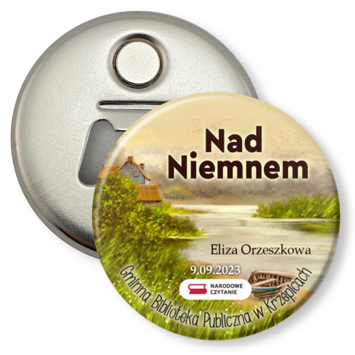 przypinka otwieracz-magnes Narodowe Czytanie Biblioteka w Krzepicach