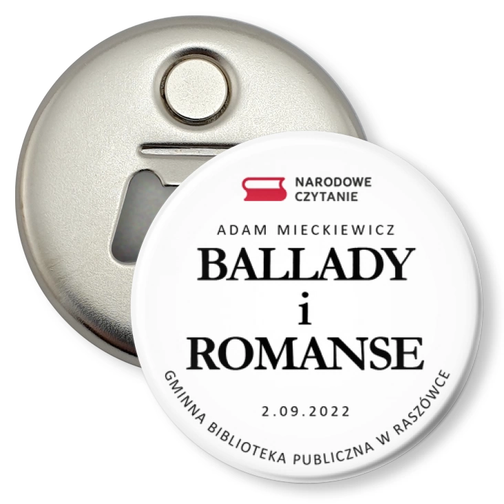 przypinka otwieracz-magnes Narodowe Czytanie Biblioteka w Raszówce