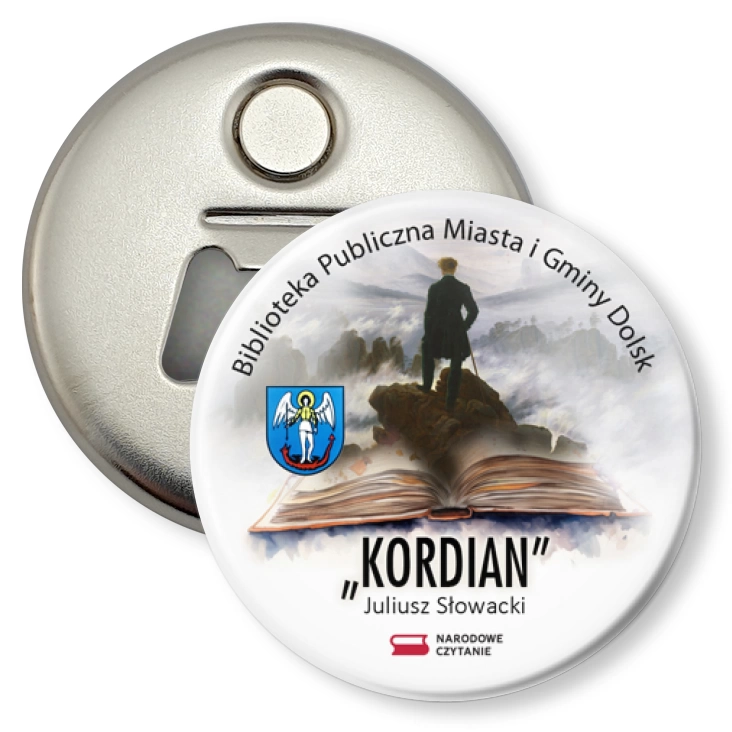 przypinka otwieracz-magnes Narodowe Czytanie Kordian Biblioteka Dolsk