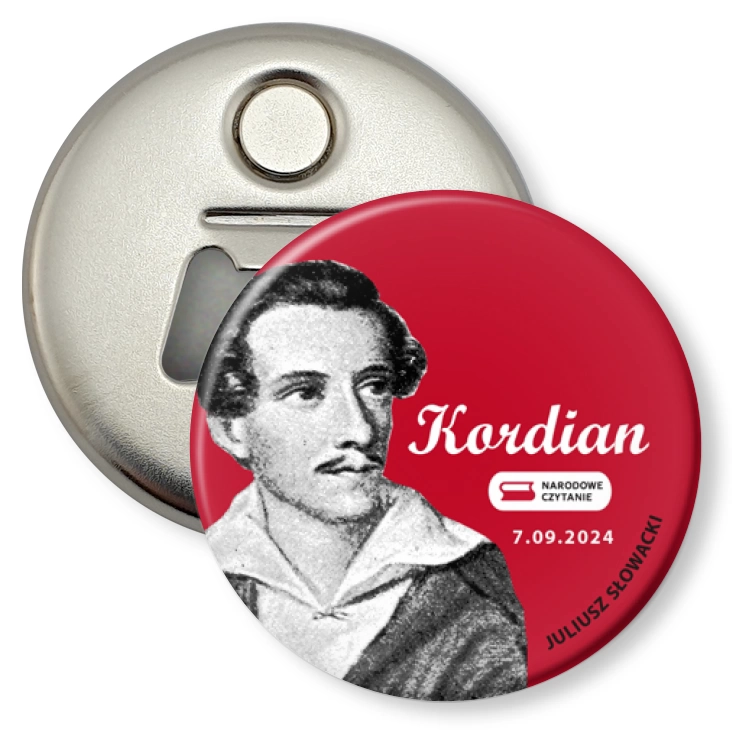 przypinka otwieracz-magnes Narodowe czytanie Kordian Juliusz Słowacki na czerwonym tle