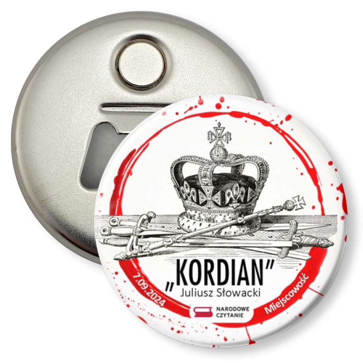 przypinka otwieracz-magnes Narodowe Czytanie Kordian korona cara