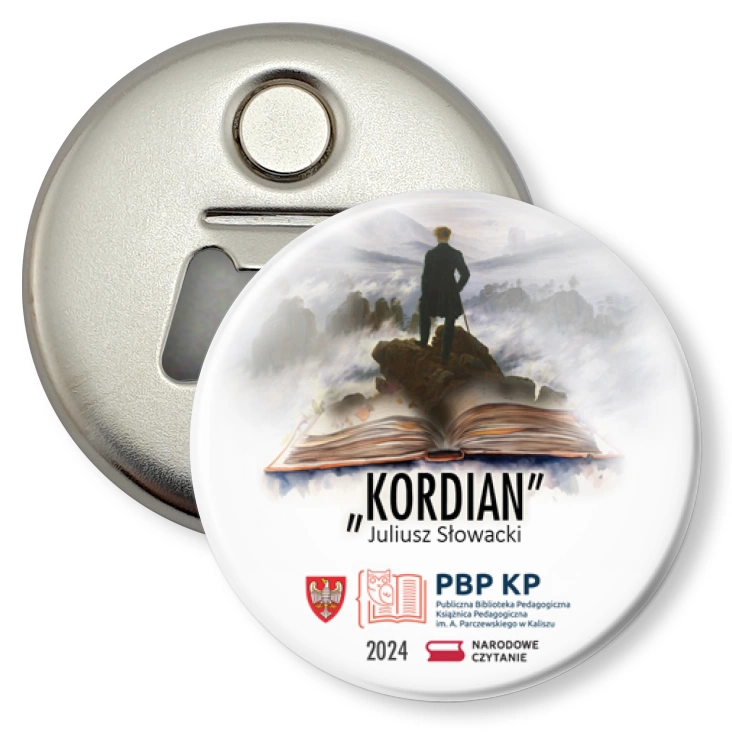przypinka otwieracz-magnes Narodowe Czytanie Kordian PBP KP Kalisz