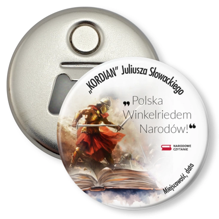 przypinka otwieracz-magnes Narodowe Czytanie Kordian rycerz Winkelried