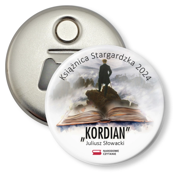 przypinka otwieracz-magnes Narodowe Czytanie Książnica Stargardzka