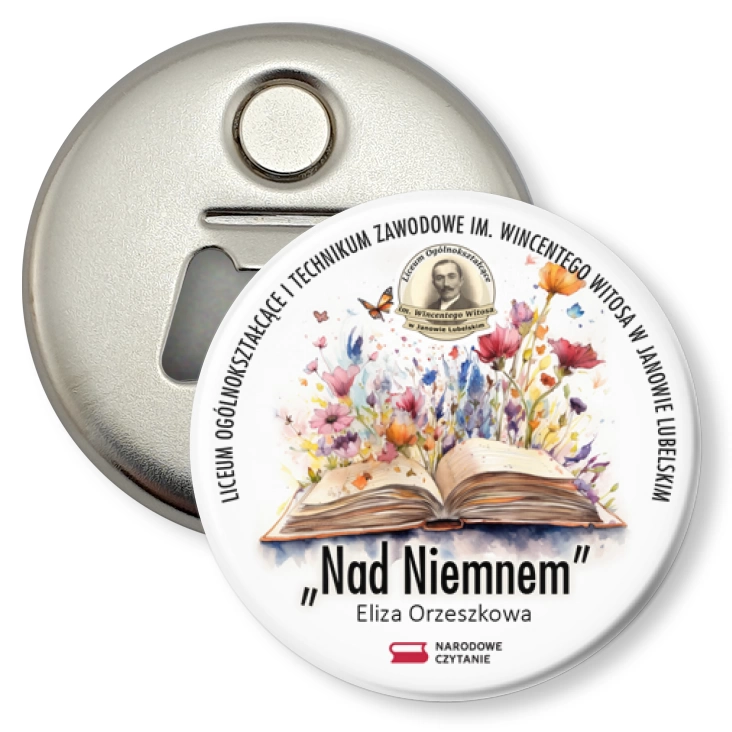przypinka otwieracz-magnes Narodowe Czytanie LO w Janowie Lubelskim