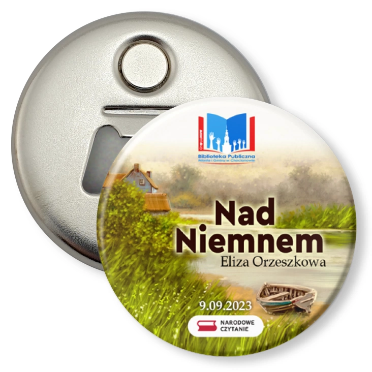 przypinka otwieracz-magnes Narodowe Czytanie Nad Niemnem Biblioteka w Chocianowie