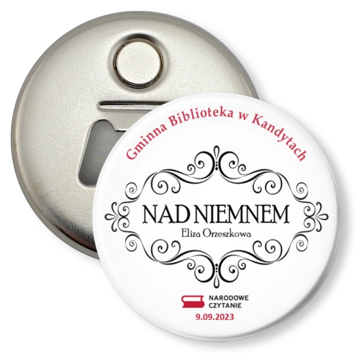 przypinka otwieracz-magnes Narodowe Czytanie Nad Niemnem Gminna Biblioteka w Kandytach