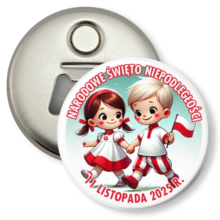 przypinka otwieracz-magnes Narodowe Święto Niepodległości dziewczynka i chłopiec
