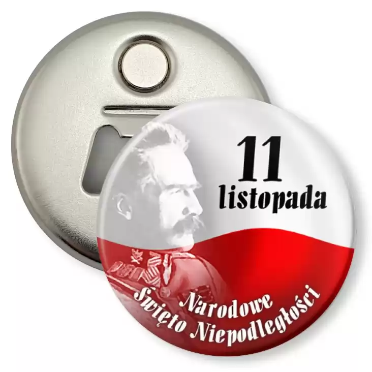 przypinka otwieracz-magnes Narodowe Święto Niepodległości Piłsudski na tle flagi