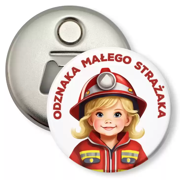 przypinka otwieracz-magnes Odznaka Małego Strażaka dziewczynka strażak