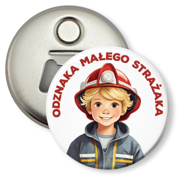 przypinka otwieracz-magnes Odznaka Małego Strażaka chłopiec strażak