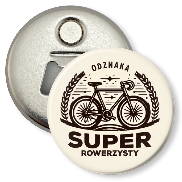 przypinka otwieracz-magnes Odznaka Super Rowerzysty na kremowym tle